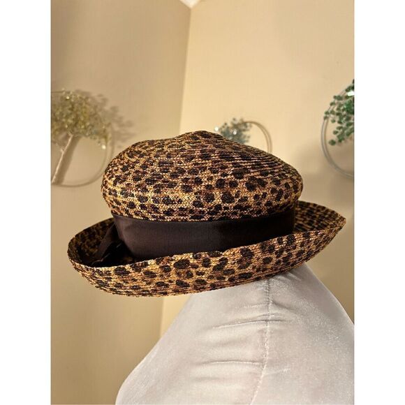 Eric Javits Tan and Brown Leopard Animal Print Straw Hat With Ribbon Bow - Picture 2 of 9